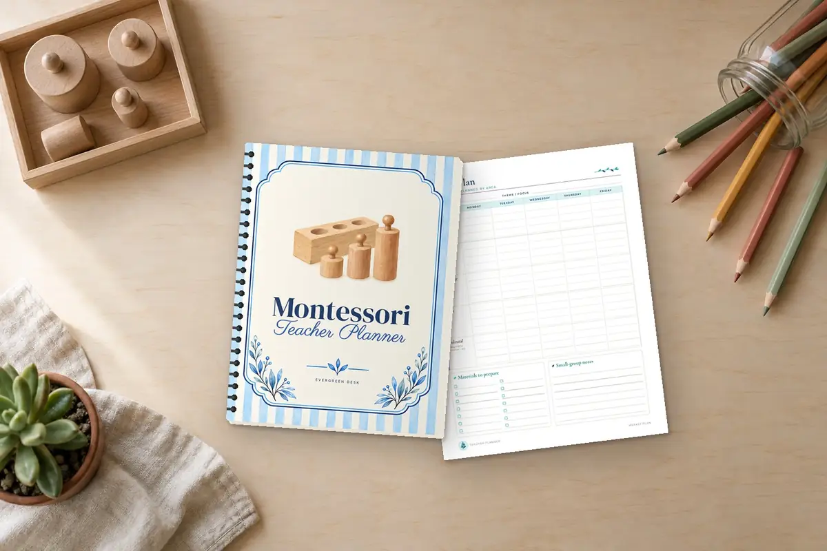 A Montessori Teacher Planner on a birch table with wooden cylinders and colored pencils